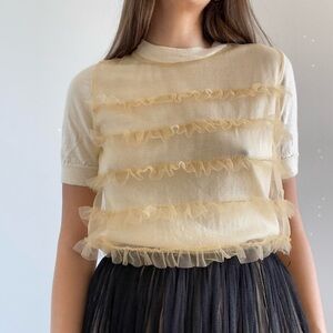 J. Crew | Cream 100% merino wool & tulle ruffle knit short sleeve top | Size M